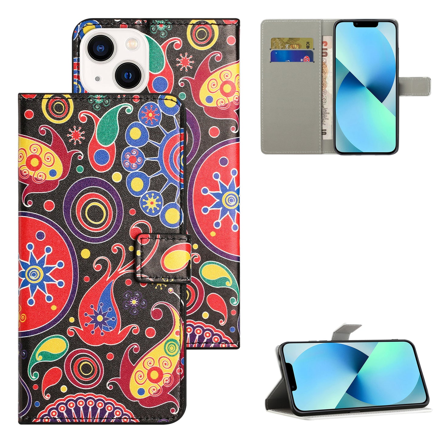 Uniqkart for iPhone 15 Pattern Printing Flip Case PU Leather Stand Wallet Phone Cover - Jelly Fish