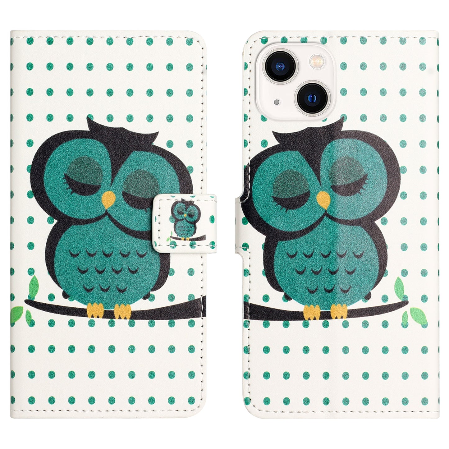 Uniqkart for iPhone 15 Pattern Printing Flip Case PU Leather Stand Wallet Phone Cover - Dots / Owl