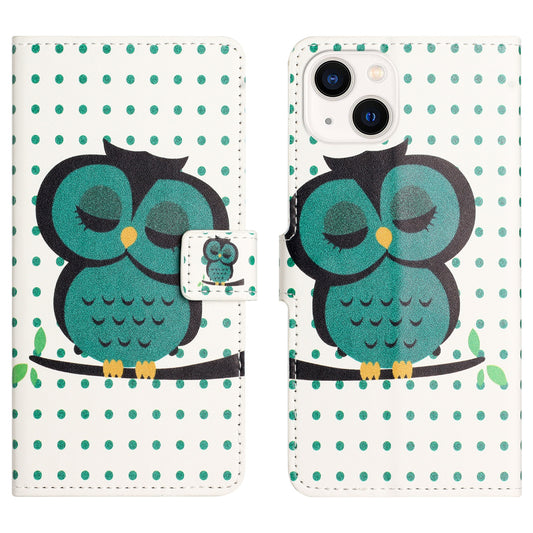 Uniqkart for iPhone 15 Pattern Printing Flip Case PU Leather Stand Wallet Phone Cover - Dots / Owl