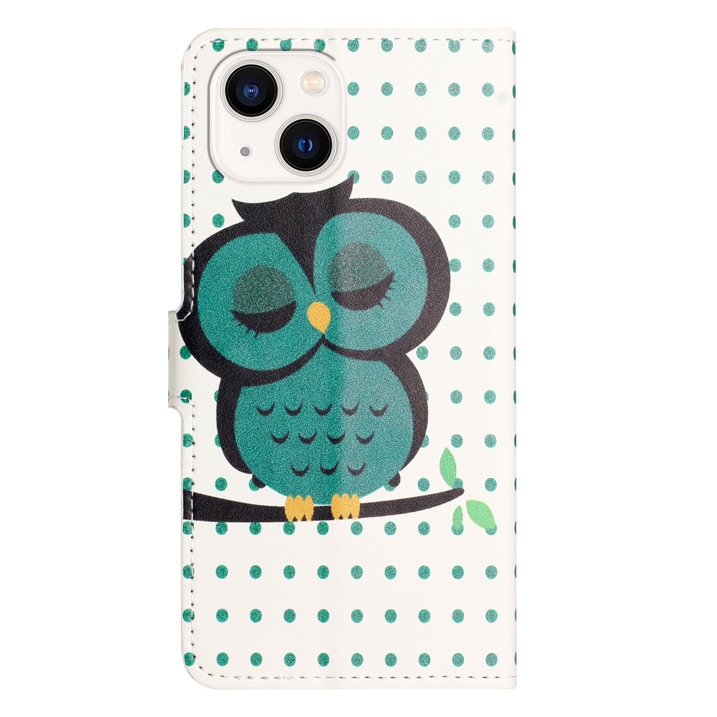 Uniqkart for iPhone 15 Pattern Printing Flip Case PU Leather Stand Wallet Phone Cover - Dots / Owl