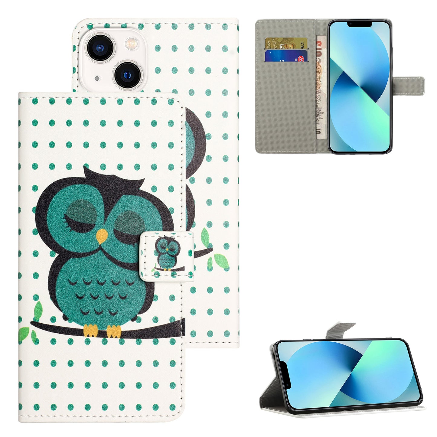 Uniqkart for iPhone 15 Pattern Printing Flip Case PU Leather Stand Wallet Phone Cover - Dots / Owl