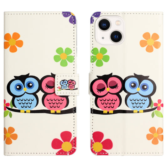 Uniqkart for iPhone 15 Pattern Printing Flip Case PU Leather Stand Wallet Phone Cover - Couple Owls