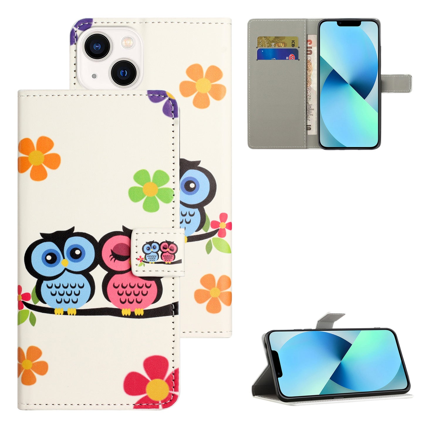 Uniqkart for iPhone 15 Pattern Printing Flip Case PU Leather Stand Wallet Phone Cover - Couple Owls