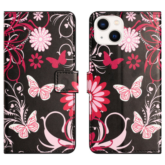 Uniqkart for iPhone 15 Pattern Printing Flip Case PU Leather Stand Wallet Phone Cover - Black / Butterflies