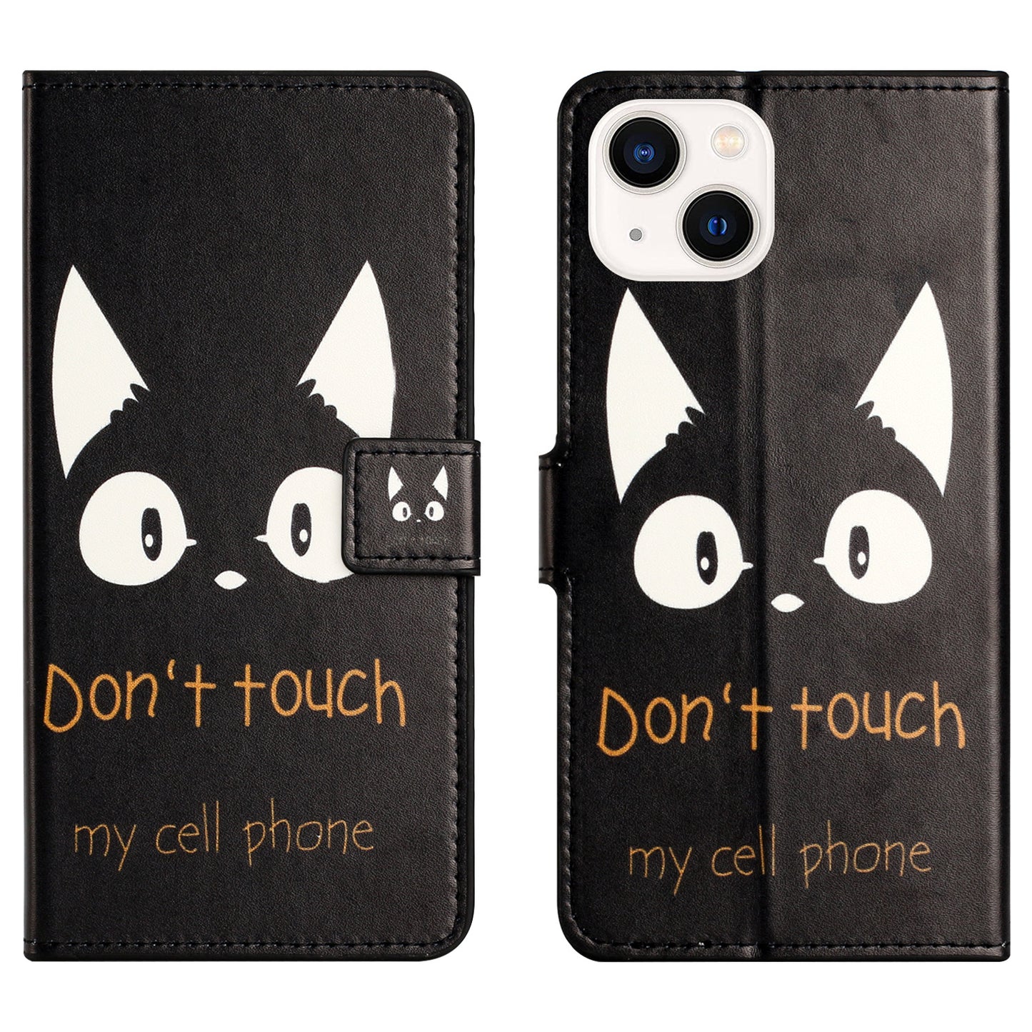 for iPhone 15 Pattern Printing Flip Case PU Leather Stand Wallet Phone Cover - Don&#39;t Touch My Cell Phone