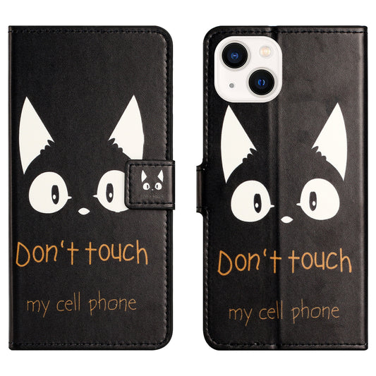 for iPhone 15 Pattern Printing Flip Case PU Leather Stand Wallet Phone Cover - Don&#39;t Touch My Cell Phone