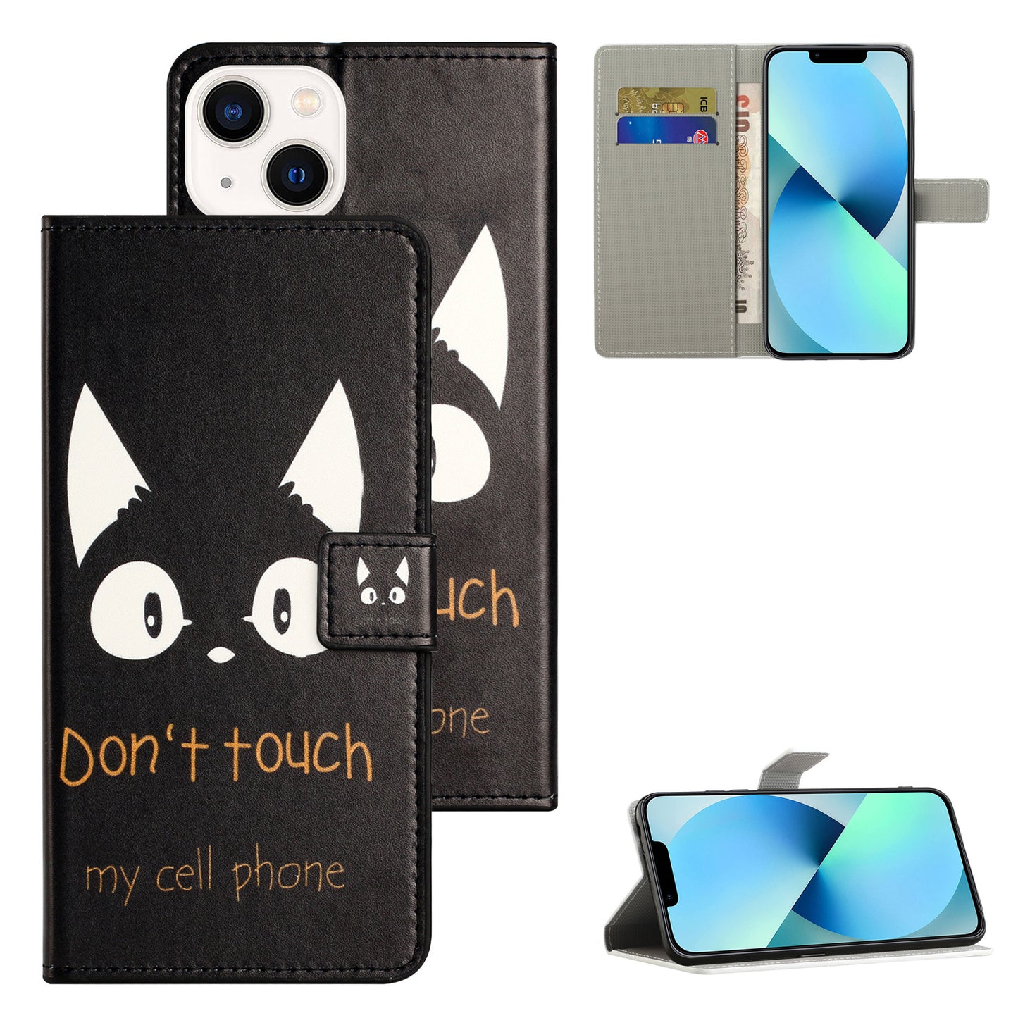 for iPhone 15 Pattern Printing Flip Case PU Leather Stand Wallet Phone Cover - Don&#39;t Touch My Cell Phone