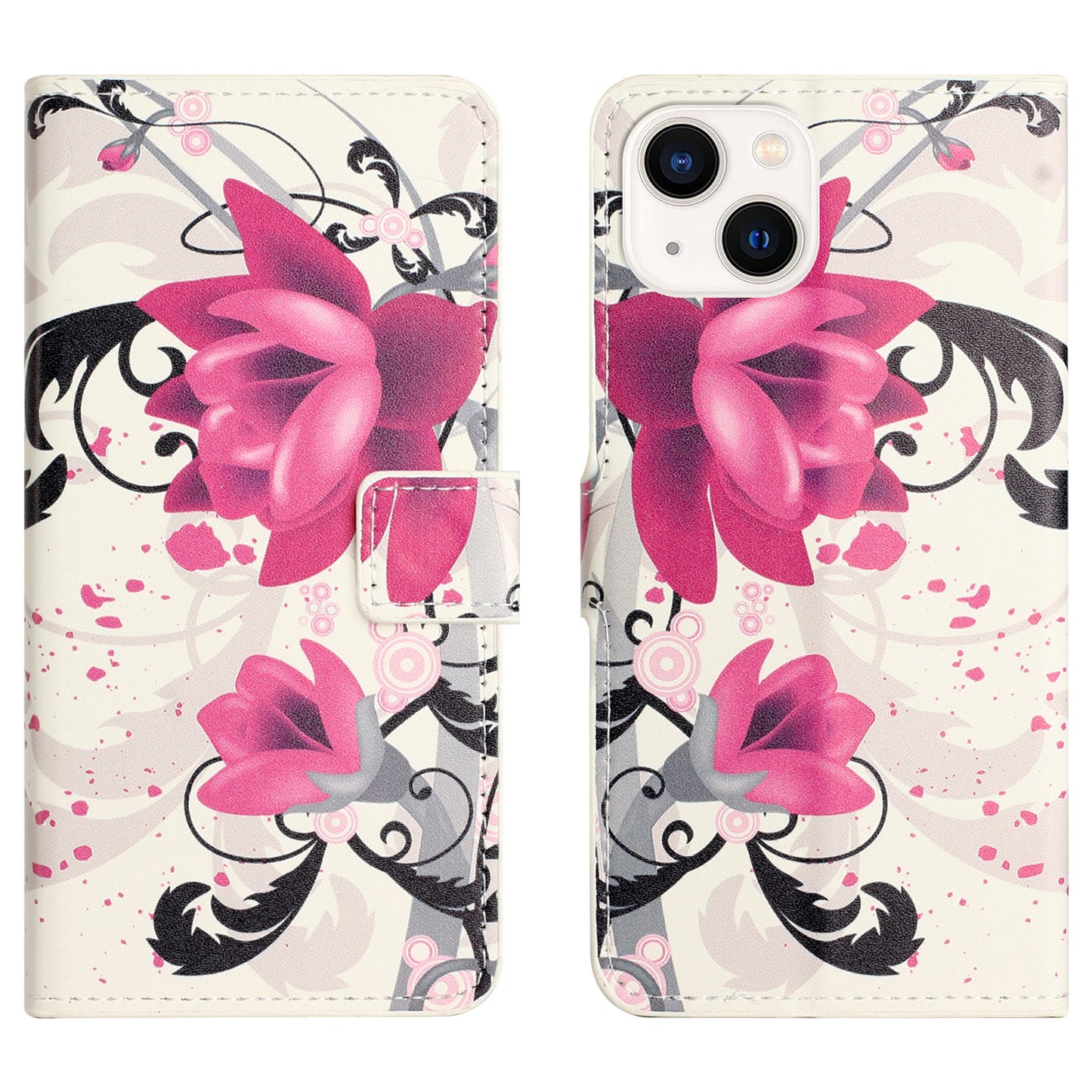Uniqkart for iPhone 15 Pattern Printing Flip Case PU Leather Stand Wallet Phone Cover - Lotus