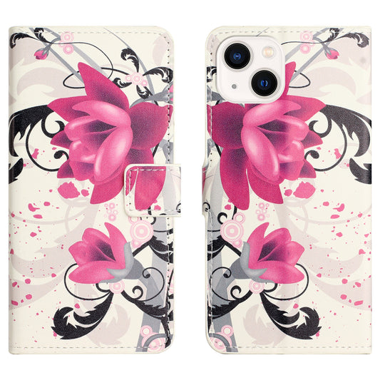 Uniqkart for iPhone 15 Pattern Printing Flip Case PU Leather Stand Wallet Phone Cover - Lotus