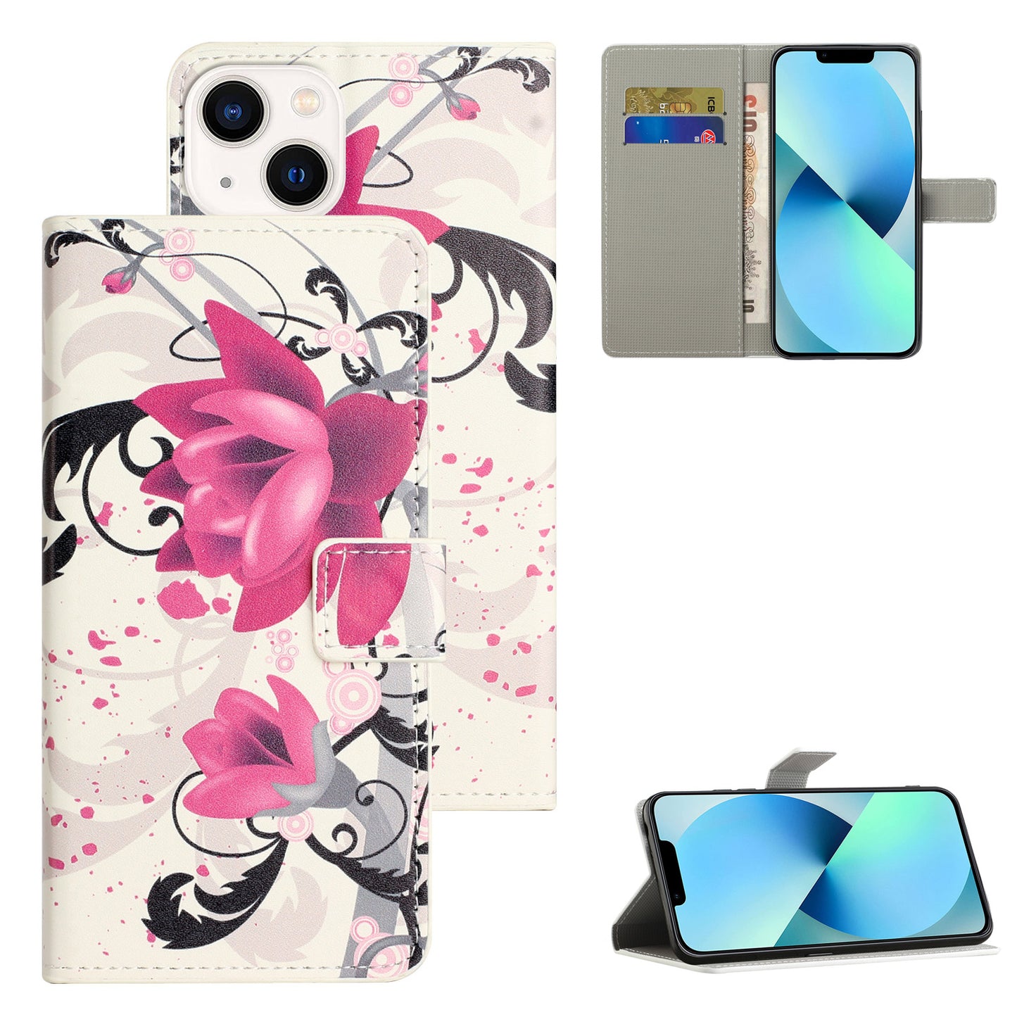 Uniqkart for iPhone 15 Pattern Printing Flip Case PU Leather Stand Wallet Phone Cover - Lotus