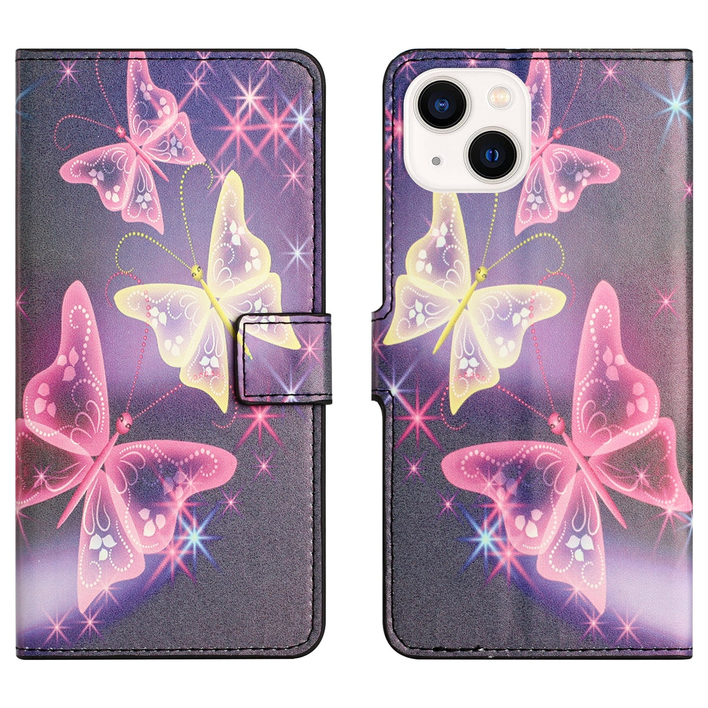 Uniqkart for iPhone 15 Pattern Printing Flip Case PU Leather Stand Wallet Phone Cover - Sparkle Butterflies