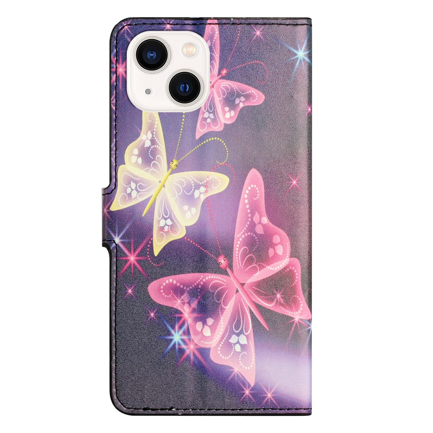 Uniqkart for iPhone 15 Pattern Printing Flip Case PU Leather Stand Wallet Phone Cover - Sparkle Butterflies