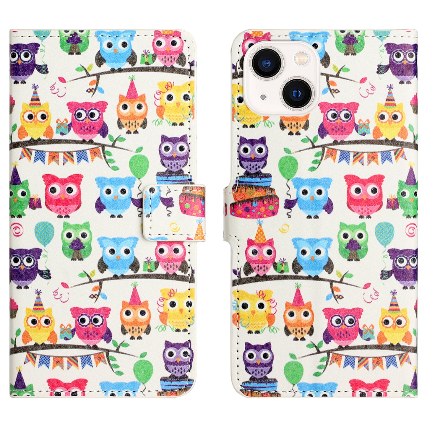 Uniqkart for iPhone 15 Pattern Printing Flip Case PU Leather Stand Wallet Phone Cover - Owls Sticker