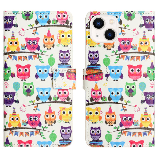 Uniqkart for iPhone 15 Pattern Printing Flip Case PU Leather Stand Wallet Phone Cover - Owls Sticker