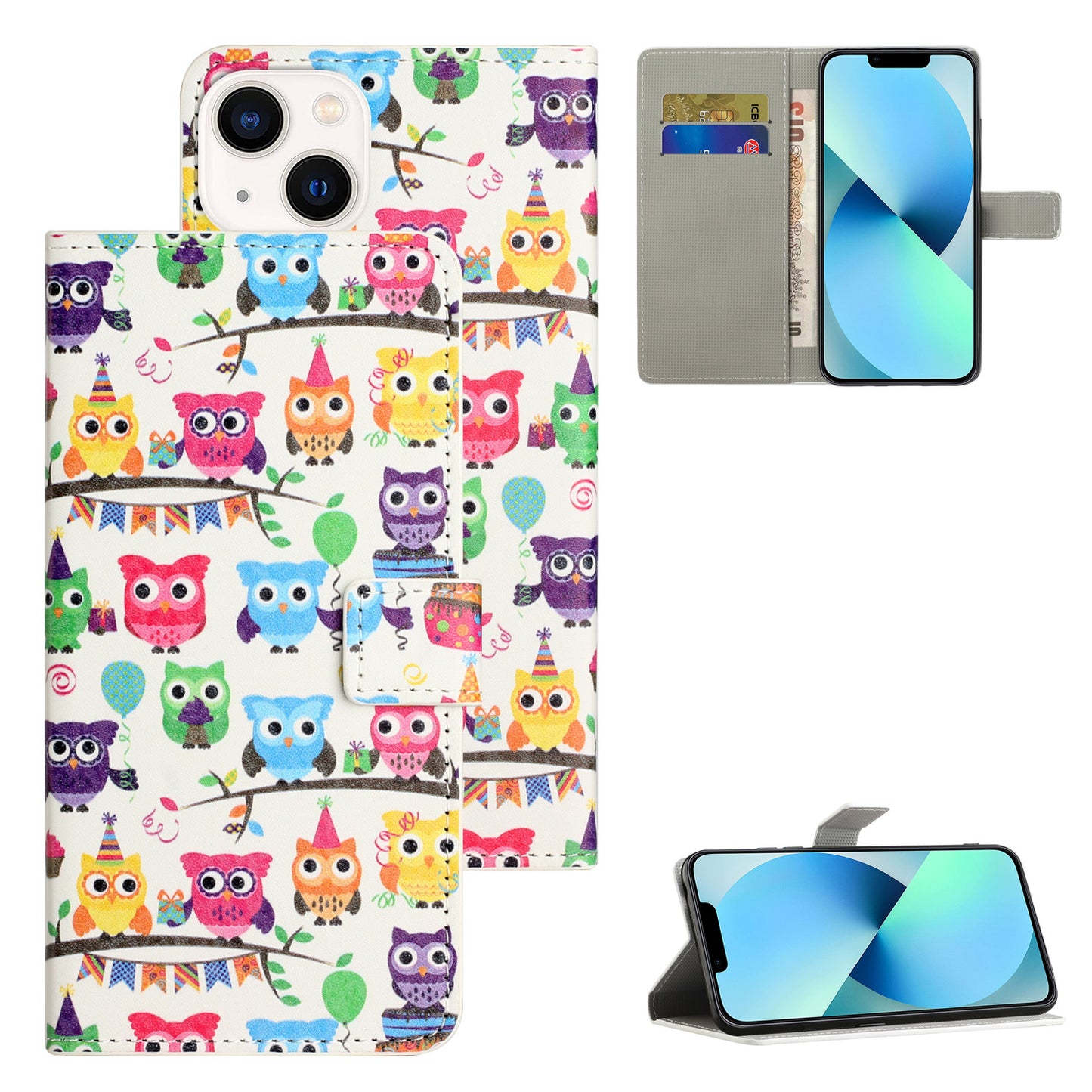 Uniqkart for iPhone 15 Pattern Printing Flip Case PU Leather Stand Wallet Phone Cover - Owls Sticker