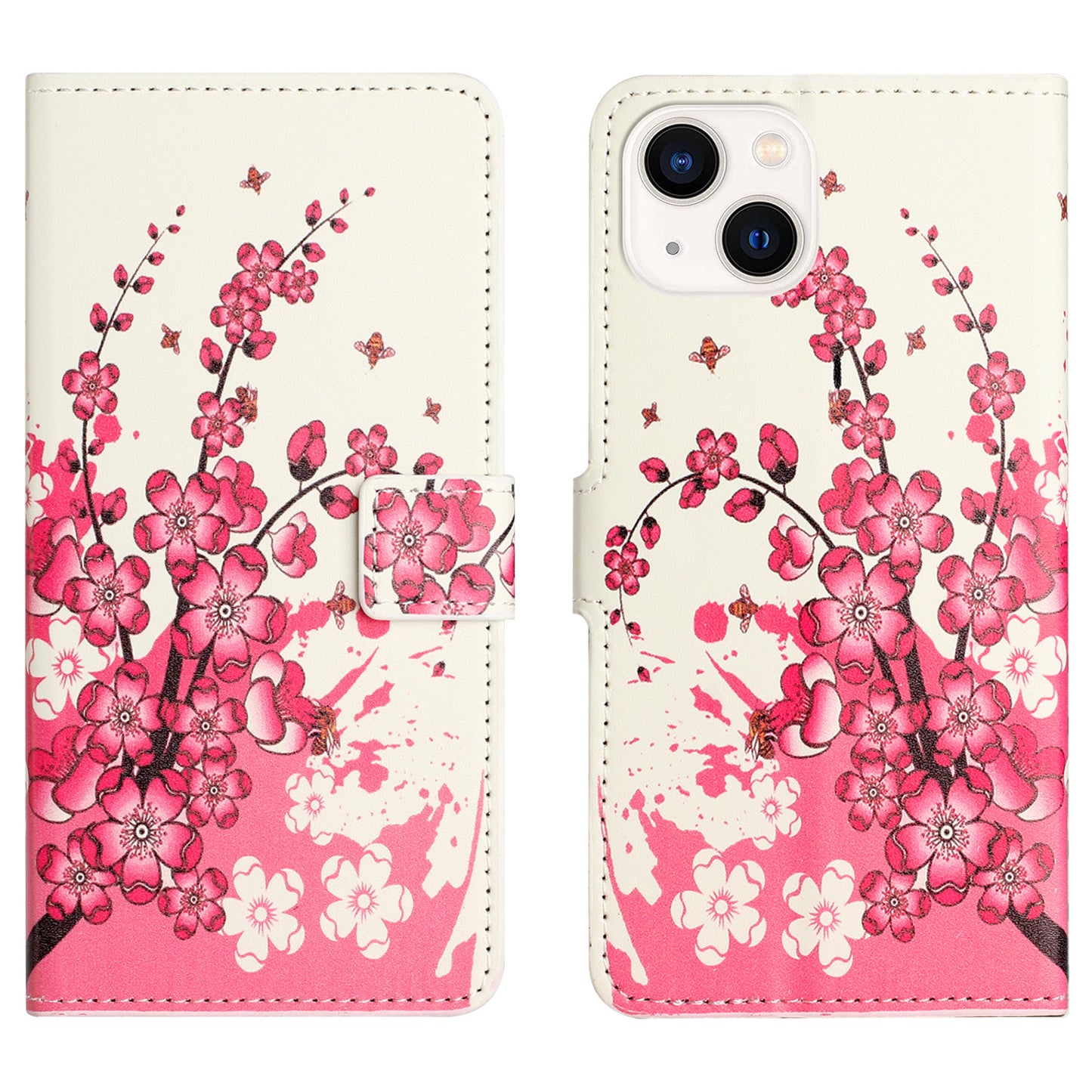 Uniqkart for iPhone 15 Pattern Printing Flip Case PU Leather Stand Wallet Phone Cover - Plum Blossom