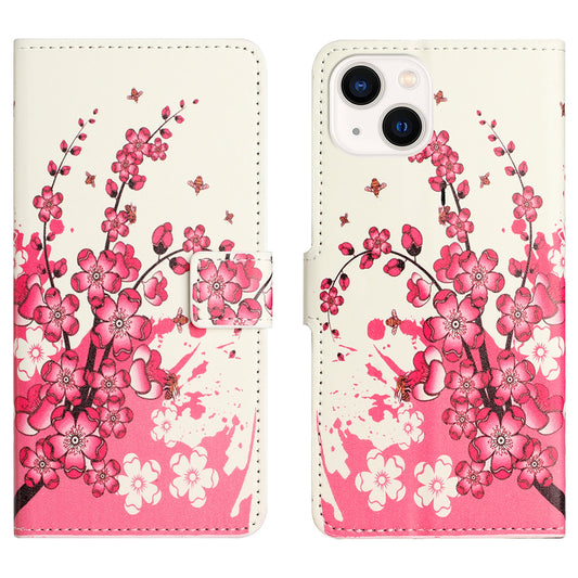 Uniqkart for iPhone 15 Pattern Printing Flip Case PU Leather Stand Wallet Phone Cover - Plum Blossom