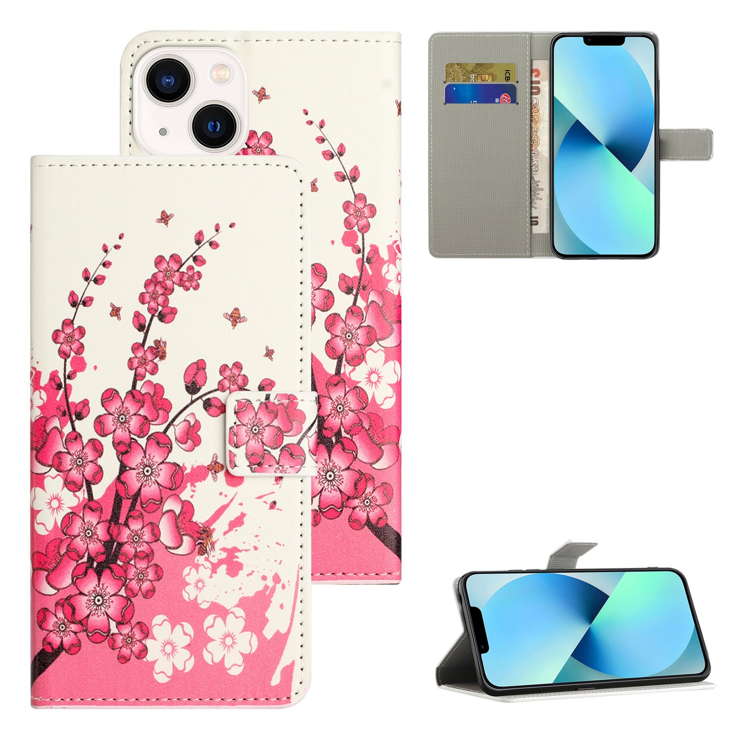 Uniqkart for iPhone 15 Pattern Printing Flip Case PU Leather Stand Wallet Phone Cover - Plum Blossom