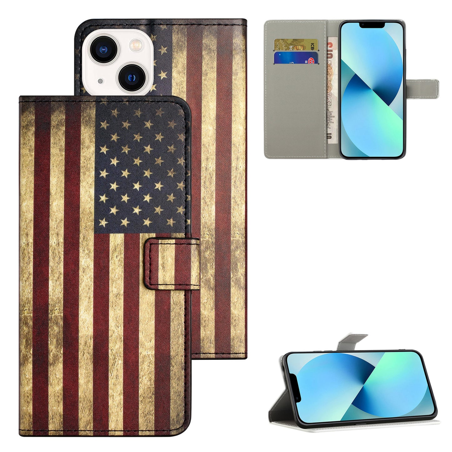 Uniqkart for iPhone 15 Pattern Printing Flip Case PU Leather Stand Wallet Phone Cover - The American Flag
