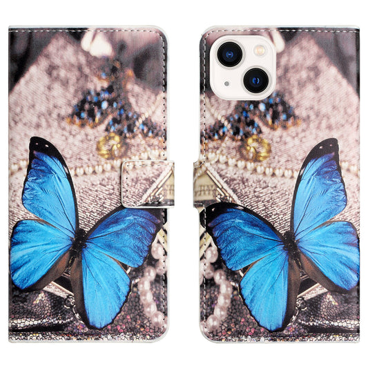 Uniqkart for iPhone 15 Pattern Printing Flip Case PU Leather Stand Wallet Phone Cover - Blue Butterfly