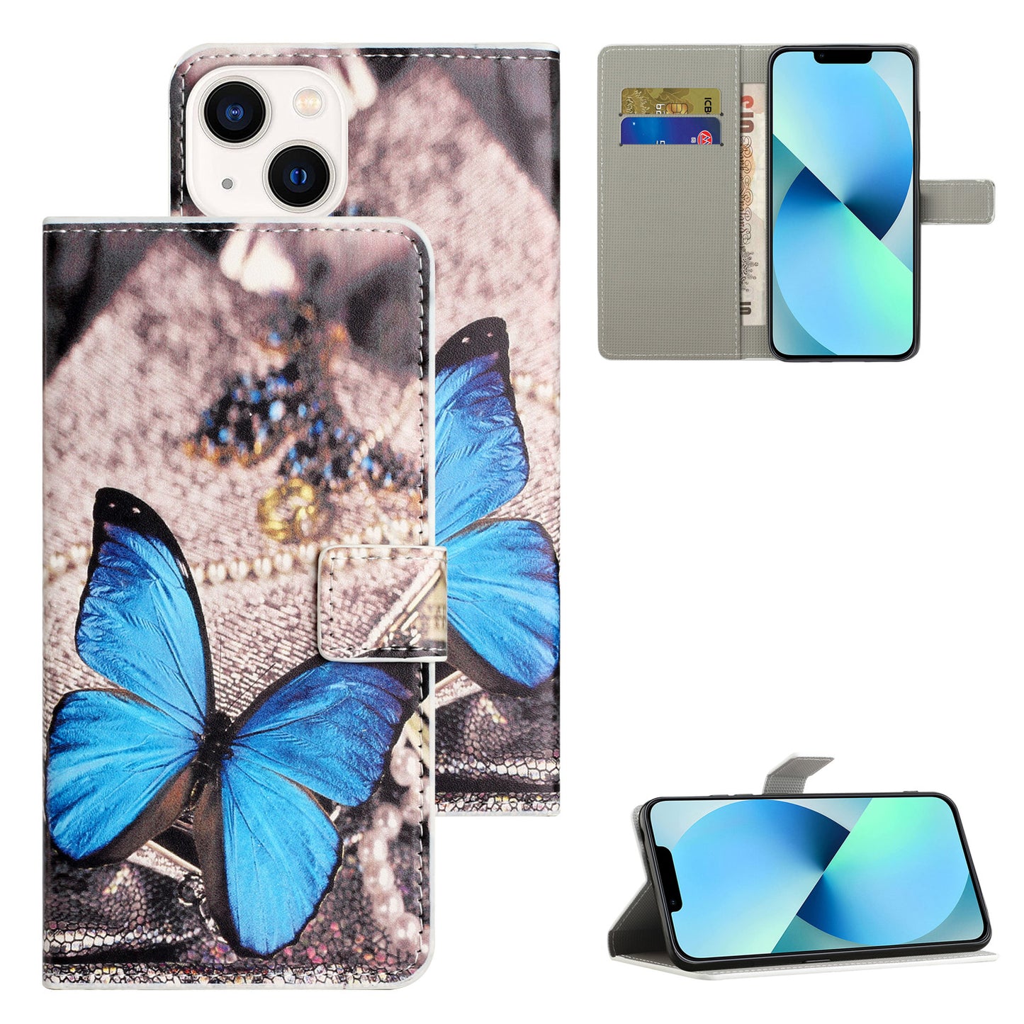 Uniqkart for iPhone 15 Pattern Printing Flip Case PU Leather Stand Wallet Phone Cover - Blue Butterfly