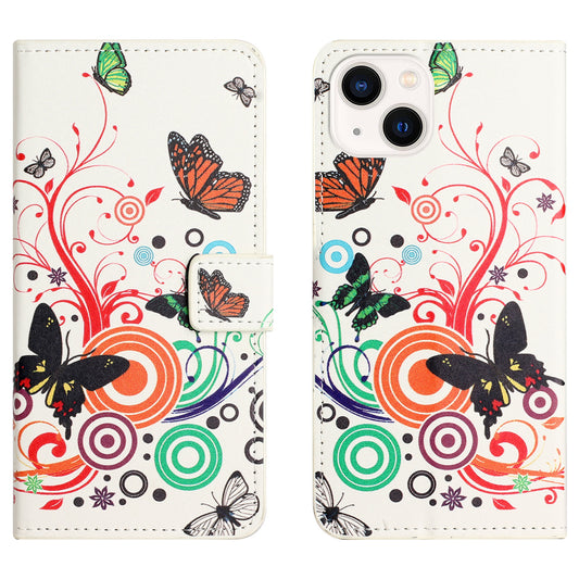Uniqkart for iPhone 15 Pattern Printing Flip Case PU Leather Stand Wallet Phone Cover - White / Butterflies