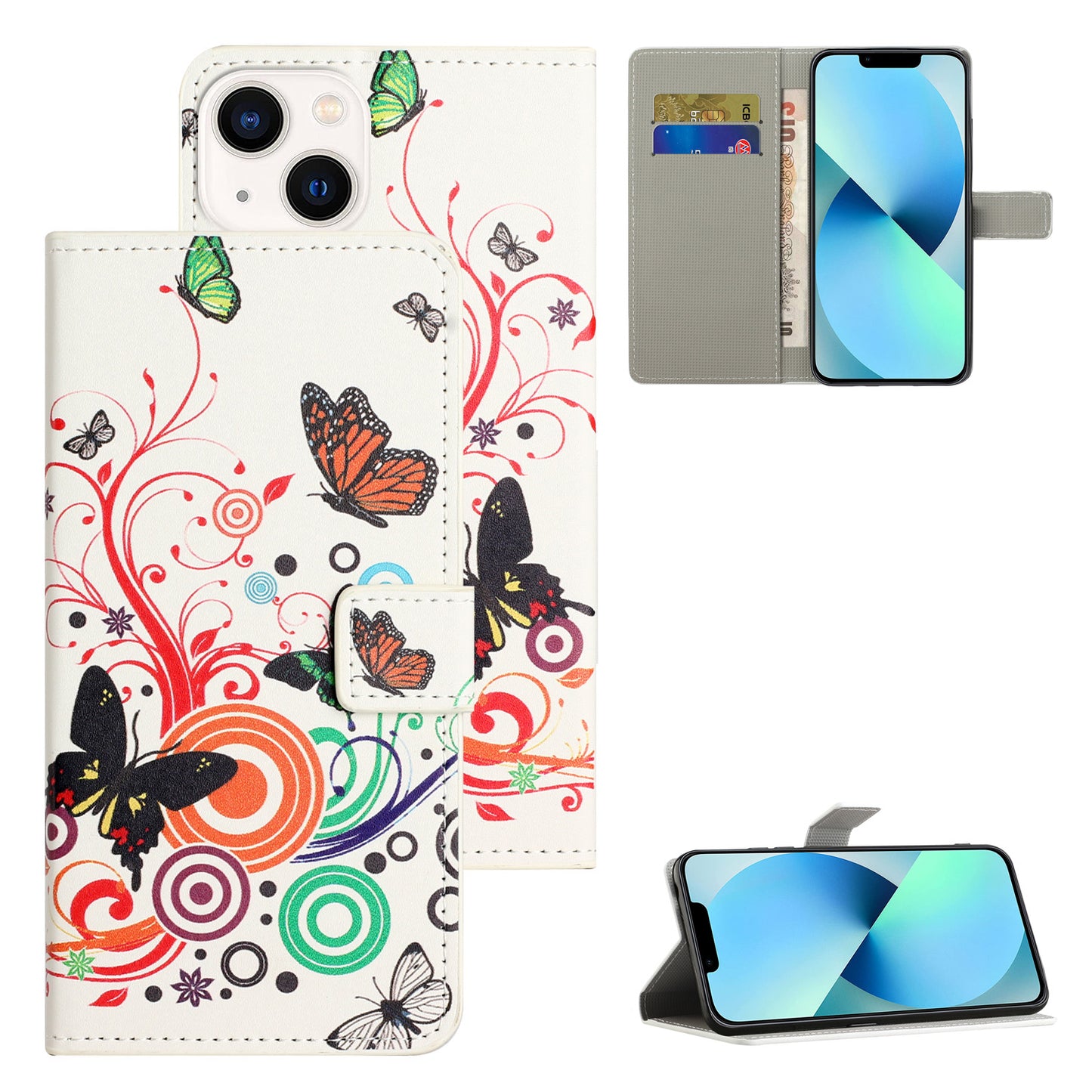Uniqkart for iPhone 15 Pattern Printing Flip Case PU Leather Stand Wallet Phone Cover - White / Butterflies