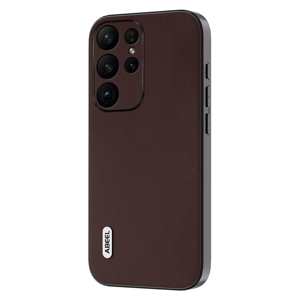 Uniqkart Anti-Scratch Phone Shell for Samsung Galaxy S23 Ultra Case Nappa Texture Genuine Cow Leather+PC+TPU Cover - Coffee