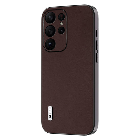 Uniqkart Anti-Scratch Phone Shell for Samsung Galaxy S23 Ultra Case Nappa Texture Genuine Cow Leather+PC+TPU Cover - Coffee