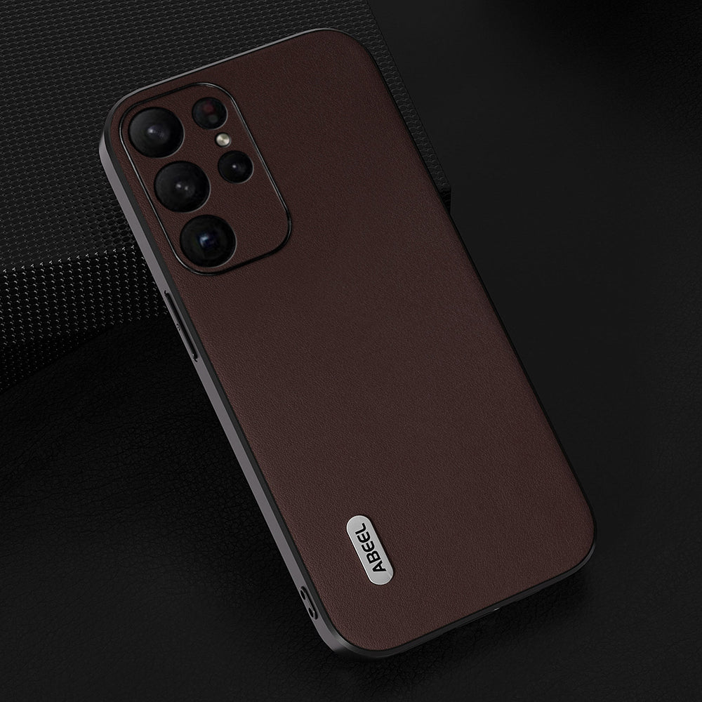 Uniqkart Anti-Scratch Phone Shell for Samsung Galaxy S23 Ultra Case Nappa Texture Genuine Cow Leather+PC+TPU Cover - Coffee