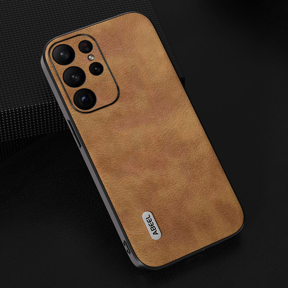 Uniqkart For Samsung Galaxy S23 Ultra Phone Case Litchi Texture Retro PU Leather Coated TPU+PC Cover - Brown