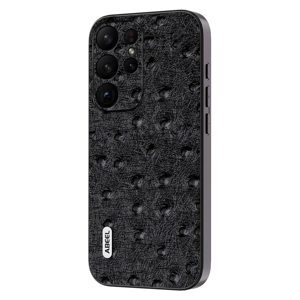 Uniqkart Ostrich Texture Phone Case for Samsung Galaxy S23 Ultra Genuine Cow Leather+PC+TPU Phone Cover - Black