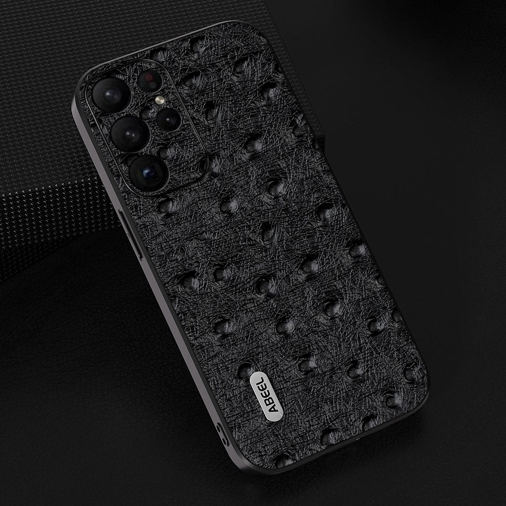Uniqkart Ostrich Texture Phone Case for Samsung Galaxy S23 Ultra Genuine Cow Leather+PC+TPU Phone Cover - Black