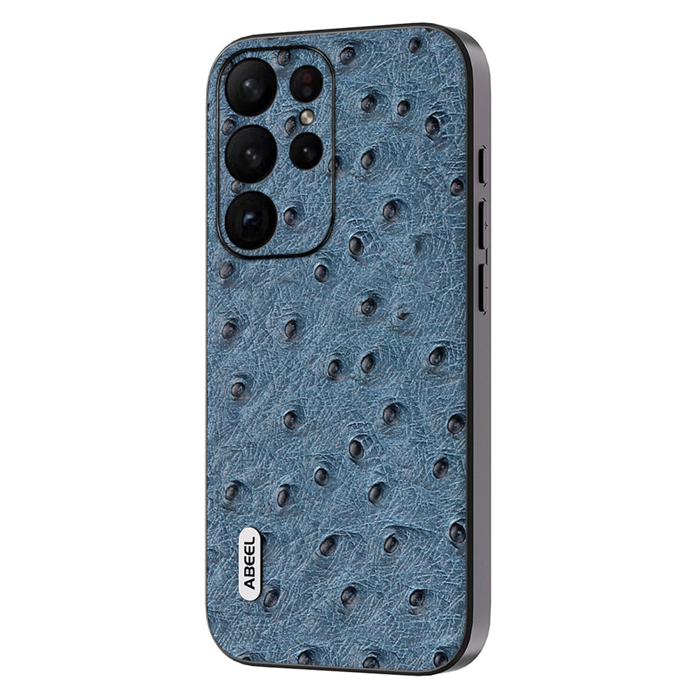 Uniqkart Ostrich Texture Phone Case for Samsung Galaxy S23 Ultra Genuine Cow Leather+PC+TPU Phone Cover - Blue