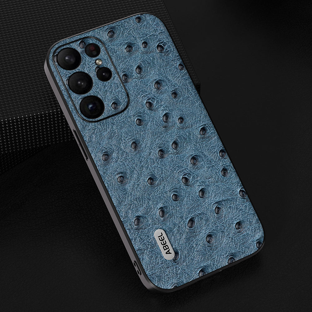 Uniqkart Ostrich Texture Phone Case for Samsung Galaxy S23 Ultra Genuine Cow Leather+PC+TPU Phone Cover - Blue