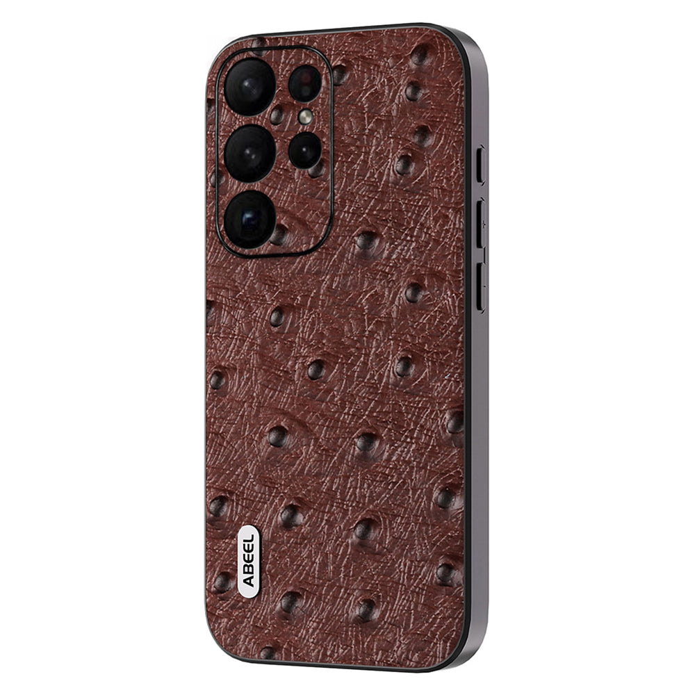 Uniqkart Ostrich Texture Phone Case for Samsung Galaxy S23 Ultra Genuine Cow Leather+PC+TPU Phone Cover - Coffee
