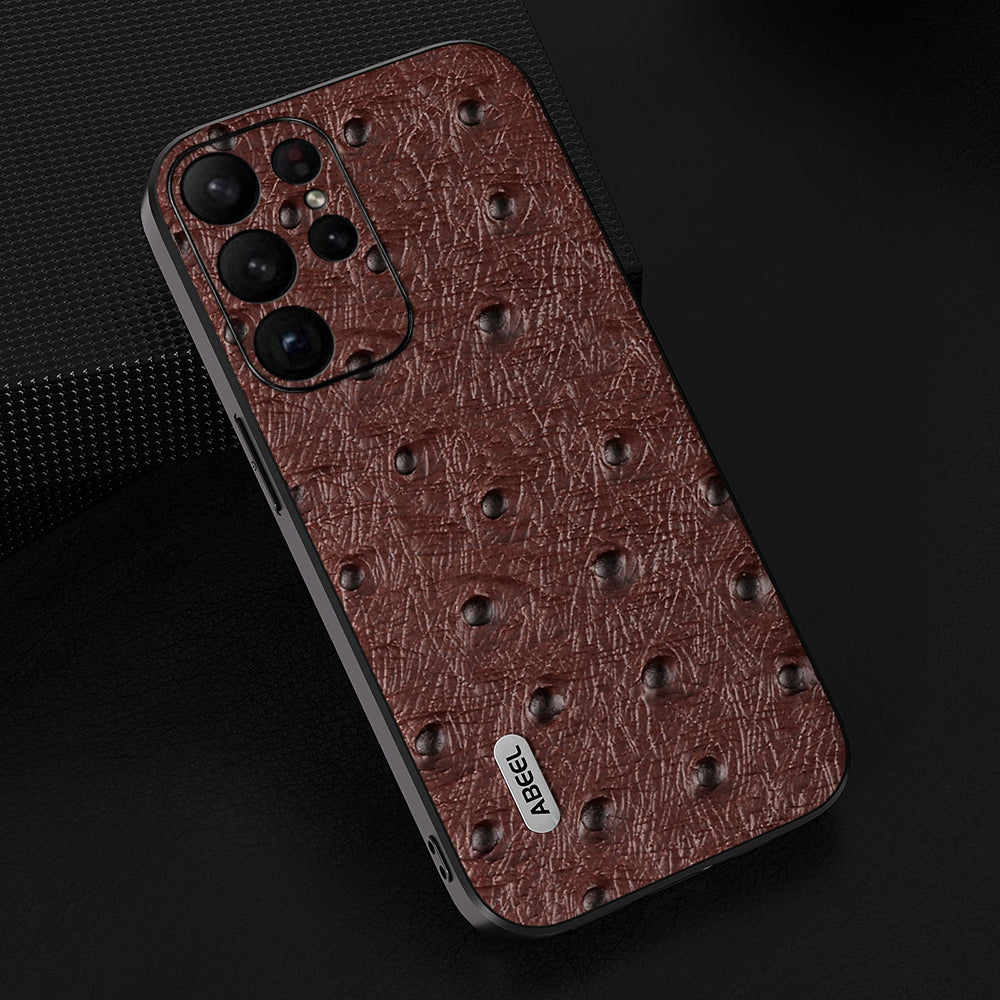 Uniqkart Ostrich Texture Phone Case for Samsung Galaxy S23 Ultra Genuine Cow Leather+PC+TPU Phone Cover - Coffee