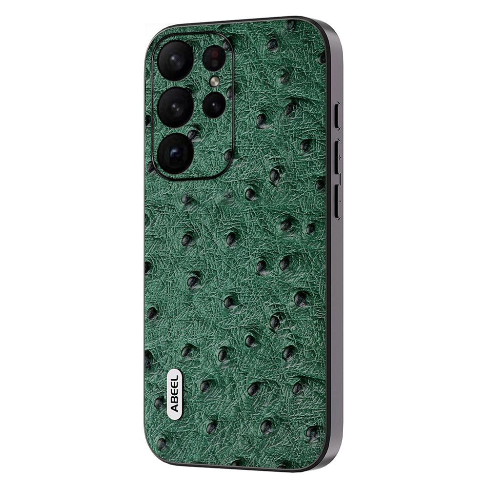 Uniqkart Ostrich Texture Phone Case for Samsung Galaxy S23 Ultra Genuine Cow Leather+PC+TPU Phone Cover - Green