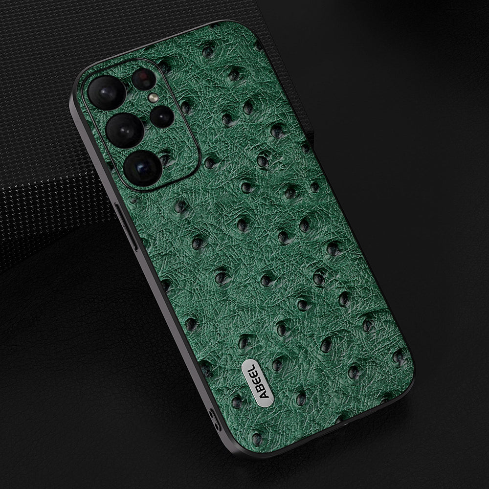 Uniqkart Ostrich Texture Phone Case for Samsung Galaxy S23 Ultra Genuine Cow Leather+PC+TPU Phone Cover - Green