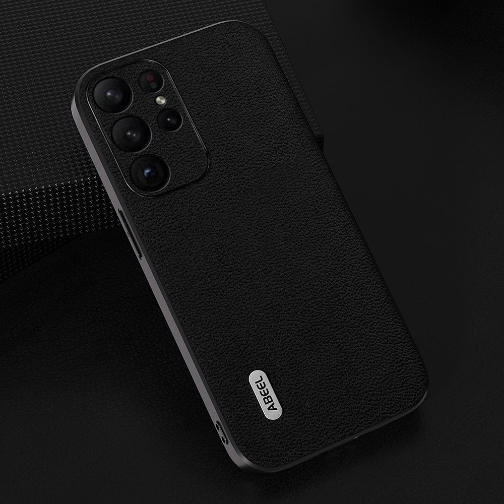 Uniqkart For Samsung Galaxy S23 Ultra Case Litchi Texture Genuine Cow Leather+PC+TPU Cover - Black