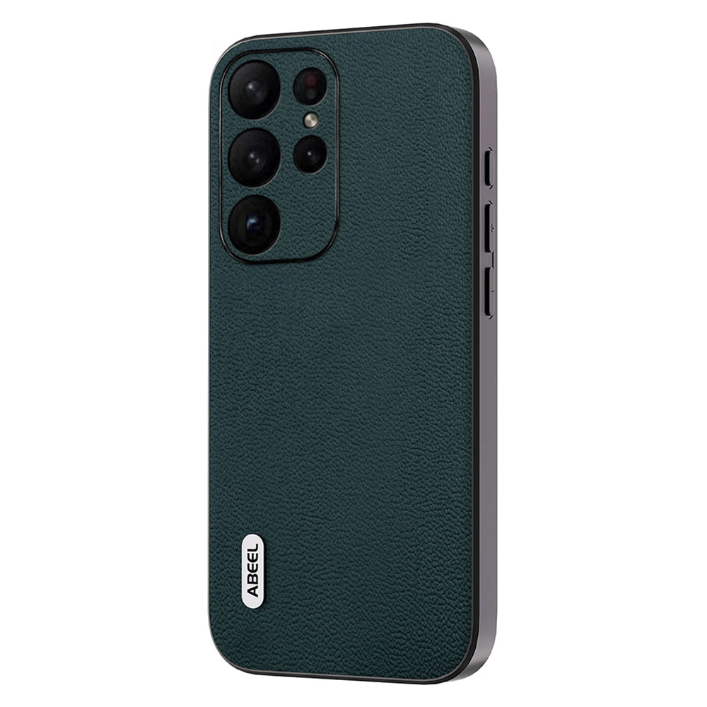 Uniqkart For Samsung Galaxy S23 Ultra Case Litchi Texture Genuine Cow Leather+PC+TPU Cover - Midnight Green