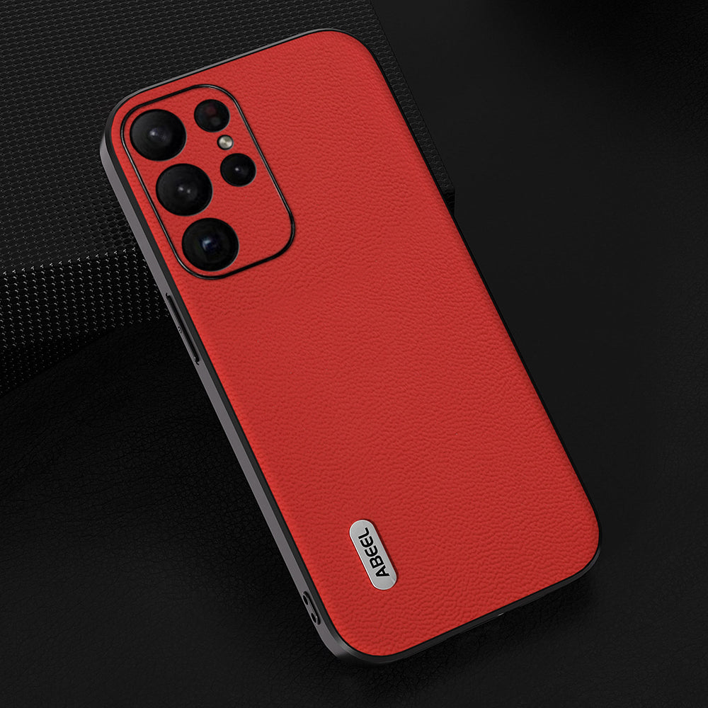 Uniqkart For Samsung Galaxy S23 Ultra Case Litchi Texture Genuine Cow Leather+PC+TPU Cover - Red