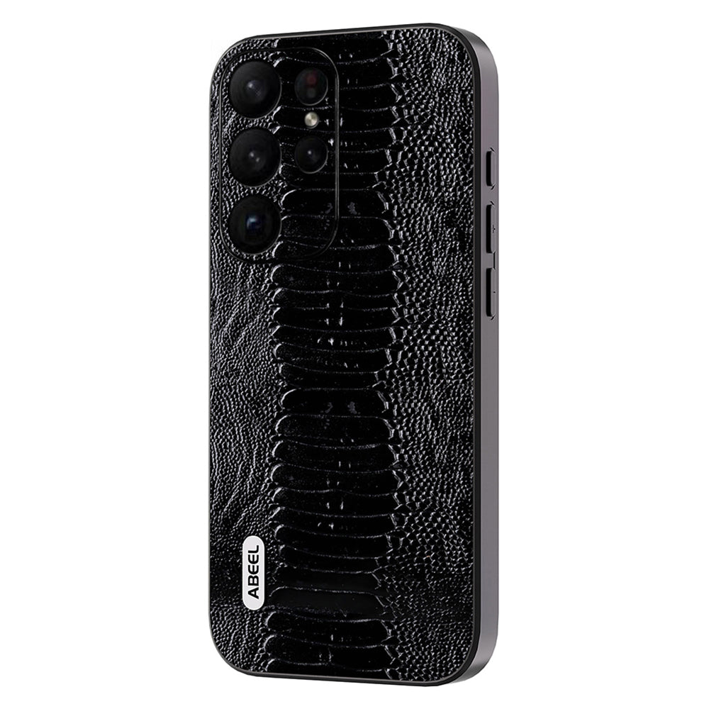 Uniqkart For Samsung Galaxy S23 Ultra Anti-Drop Crocodile Texture PC+TPU Phone Case Genuine Cow Leather Cover - Black