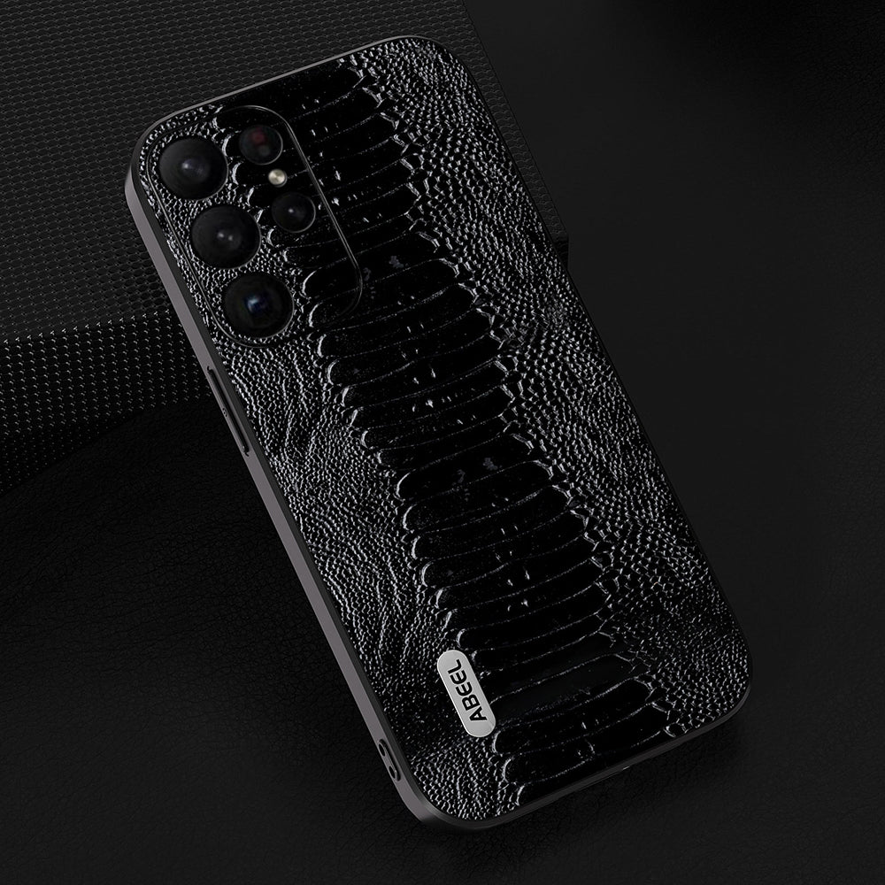 Uniqkart For Samsung Galaxy S23 Ultra Anti-Drop Crocodile Texture PC+TPU Phone Case Genuine Cow Leather Cover - Black
