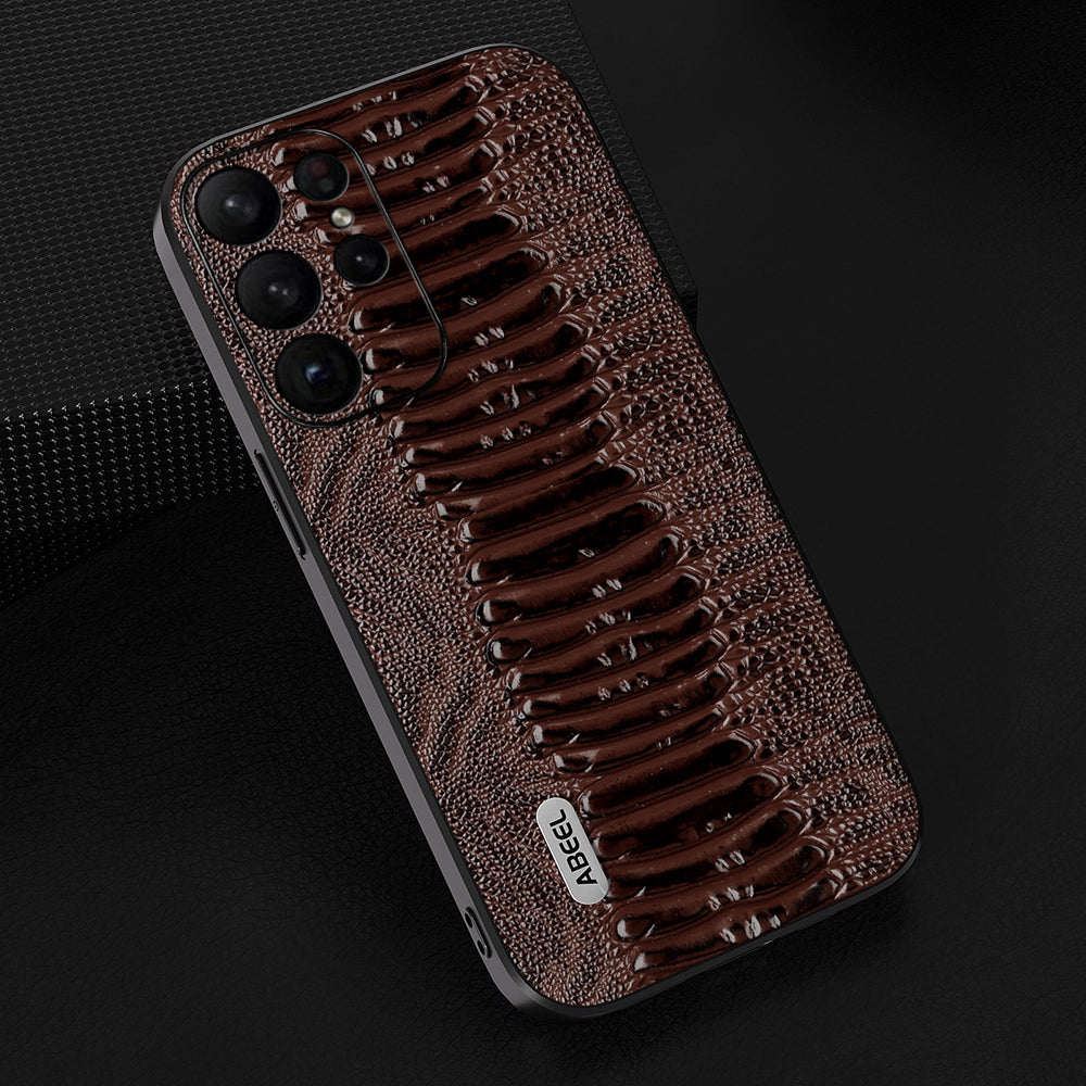 Uniqkart For Samsung Galaxy S23 Ultra Anti-Drop Crocodile Texture PC+TPU Phone Case Genuine Cow Leather Cover - Coffee
