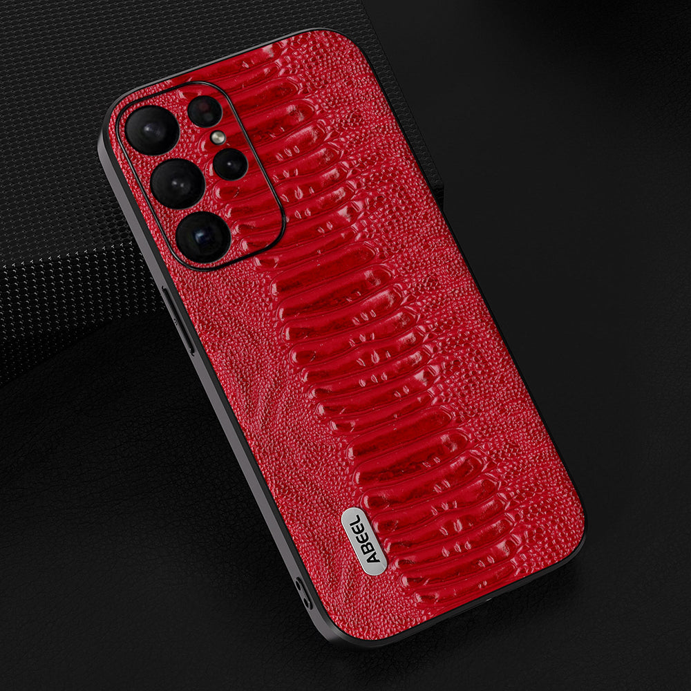 Uniqkart For Samsung Galaxy S23 Ultra Anti-Drop Crocodile Texture PC+TPU Phone Case Genuine Cow Leather Cover - Red