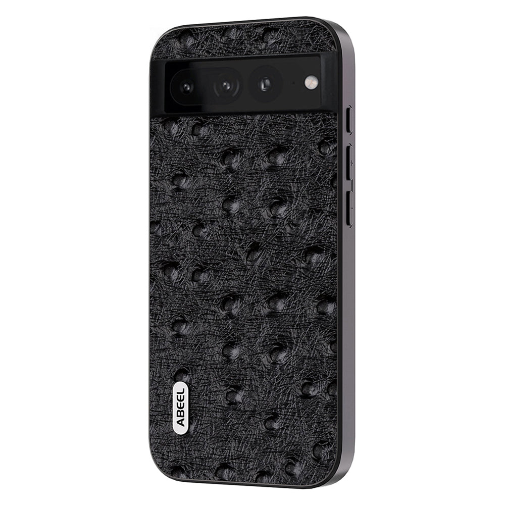 Uniqkart Phone Case for Google Pixel 8 Pro Shockproof Case Ostrich Texture Genuine Cow Leather+PC+TPU Cover - Black