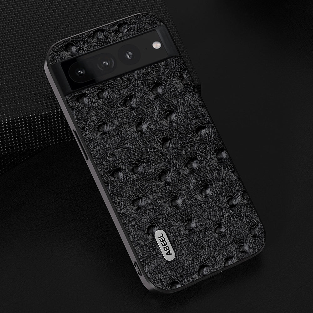 Uniqkart Phone Case for Google Pixel 8 Pro Shockproof Case Ostrich Texture Genuine Cow Leather+PC+TPU Cover - Black