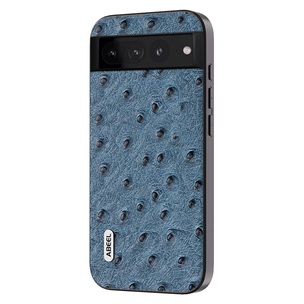 Uniqkart Phone Case for Google Pixel 8 Pro Shockproof Case Ostrich Texture Genuine Cow Leather+PC+TPU Cover - Blue