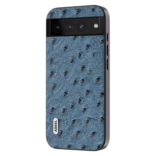 Uniqkart Phone Case for Google Pixel 8 Pro Shockproof Case Ostrich Texture Genuine Cow Leather+PC+TPU Cover - Blue
